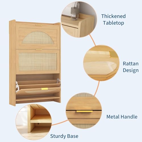 Patikuin Narrow Rattan Shoe Cabinet, 3 Semi-Circular Flip Doors Freestanding Shoe Storage Organizer, MDF Wooden Hidden Slim Shoe Rack for Entryway, Hallway, Foyer, Living Room - size: 3 Flip Drawers
