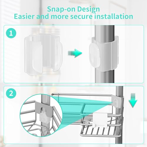 HapiRm Corner Shower Caddy Organizer - Shower Organizer Corner with Soap Holder, Toothbrush Holder and 4 Hooks, Rustproof Bathroom Shelf Tension Pole Available for 27.6 to 108.3 Inch - Silver - color: Silver