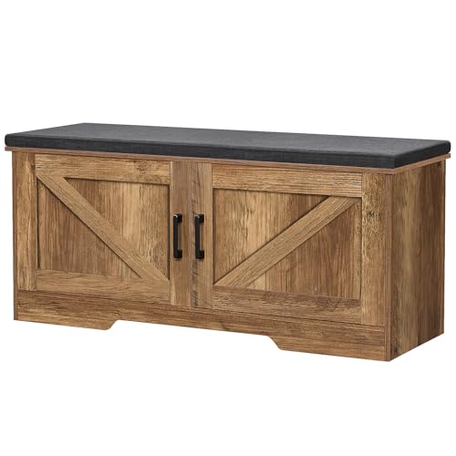 HOMSHO 2-Tier Storage Bench, 39.4" Wide Shoe Bench with Padded Seat Cushion, Entryway Bench with 2 Barn Doors and Adjustable Shelf, Rustic Walnut - color: Rustic Walnut, size: 39.4" Wide