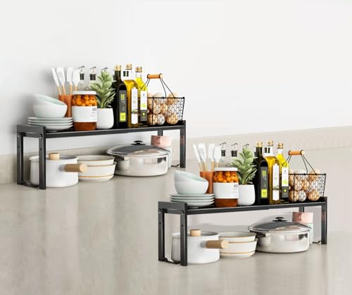 2 Pack Expandable Cabinet Shelf Organizer 16-26" L Stackable Kitchen Counter Shelves Rack Stand Sink Riser Countertop Storage Black (Normal 7.9”D) - color: Black, size: 7.9"D (normal) - 2 Pack