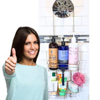 Gecko-Loc Extra-Long Adjustable Over-the-Showerhead Shower Caddy – Rustproof Stainless Steel Organizer with Suction Stabilizer, Deep Basket & Hooks – No-Drill, Tool-Free Installation (Silver) - color: Chrome