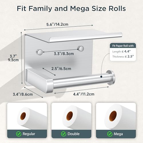 FORIOUS Toilet Paper Holder with Shelf, Adhesive or Screw Wall Mount Toilet Roll Holder for Bathroom, Rustproof 304 Stainless Steel Commercial Toilet Tissue Holder with Storage, Brushed Nickel - color: Stainless Steel
