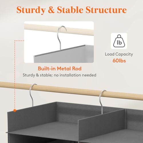 Lifewit Dual-Row 6 Tier Hanging Closet Organizer and Storage, Wide Clothes Storage Shelves with 3 Sturdy Hooks for Clothing Organization, Large Foldable Sweater Shelf for Bedroom, 12 Sections, Grey - color: Grey, size: 6-Tier