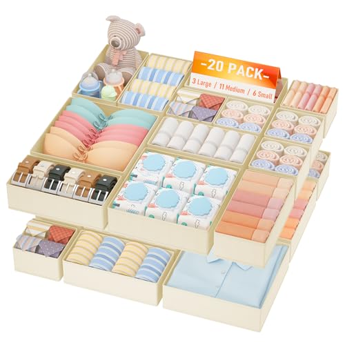 DIMJ Drawer Organizer Clothes, 20 Pack Dresser Organizer, Foldable Closet Organizers and Storage, Fabric Dresser Bins, Drawer Dividers for Nursery, Baby Clothes, Underwears, Sock (Beige) - color: Beige, size: 20 Pack