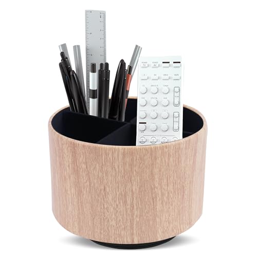 Round Leather Art Supply Organizer,Remote Control Holder,360 Degree Spinning,Multi-Functional Pencil Holder,4 Compartments Desktop Stationary Organizer(1-Thin Wood Yellow) - color: 1-Thin Wood Yellow