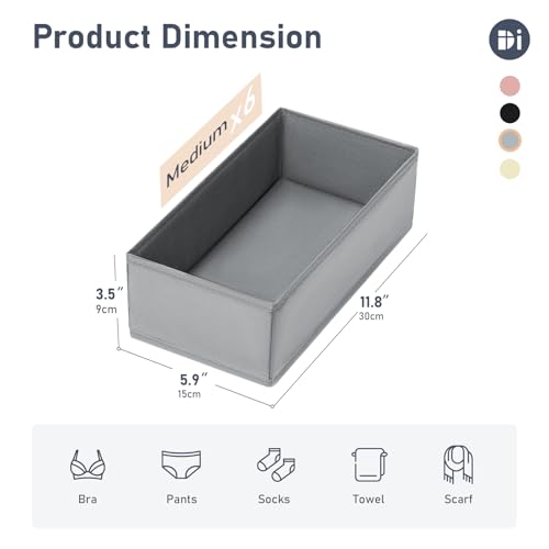 DIMJ Drawer Organizer Clothes - Underwear Organizer Small Sock Organizer Closet Organizers and Storage Box Dresser Drawer Dividers for Baby Clothes,Bra,Socks, Belt, Tie, Set of 6,Grey - color: Grey, size: Set of 6