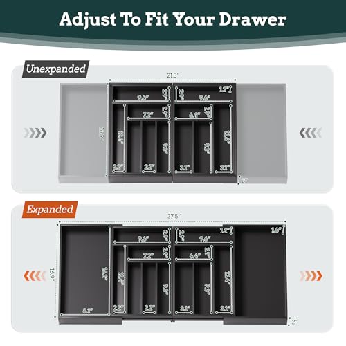 Silverware Organizer Large, Magnetic Connected Expandable 13 Slots Silverware Drawer Organizer From 21 to 37.4 Inches, Adjustable Flatware and Cutlery Holder, Bamboo Utensil Tray for Kitchen Black - color: Black, size: 13 Slots