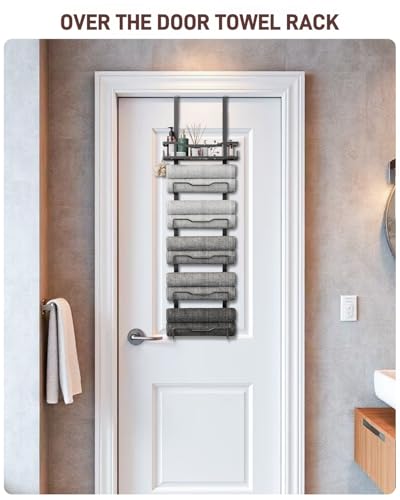 Aetyord Hanging Towel Racks for Bathroom No Drill - 6-Tier Over The Door Bath Towel Storage Organizer for Small Bathrooms - Tiered Back of Door Towel Holder Hanger for Rolled Towels RV Camper Black - color: Black, size: 6 tier