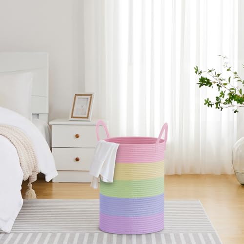 VIPOSCO Large Laundry Hamper, Tall Woven Rope Storage Basket for Blanket, Toys, Dirty Clothes in Living Room, Bathroom, Bedroom - 58L Rainbow - color: Rainbow, size: 58L