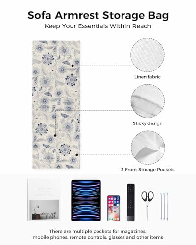 Sofa Armrest Organizer Bedside Caddy, Vintage Blue Floral Non Slip Couch Remote Control Holder for Recliner, Rustic Abstract Flower Burlap Arm Chair Caddy with Pocket for Magazine Phone, 13"x35" - color: Navy, size: 13x35 in