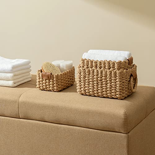 LA JOLIE MUSE Small Wicker Baskets for Organizing, Recycled Paper Rope Storage Basket Container Bins for Shelves Bathroom Cupboards Drawer, Decorative Square Basket Organizer Set of 3 - color: Desert