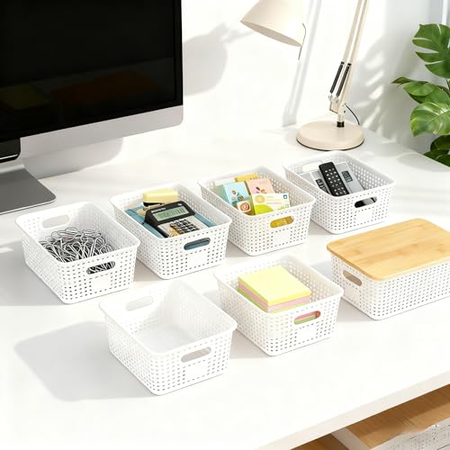 6Pcs Storage Bins with Lids, Stackable Plastic Storage Basket with Bamboo Lid, Pantry Organizer Box Small Containers for Organizing Shelves Drawer Desktop Closet Cabinet Office Classroom 10x7.1x4.1in - color: Cream White