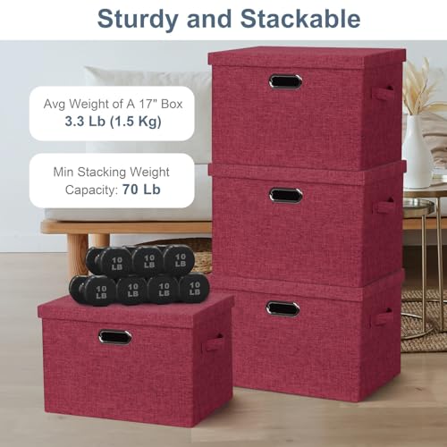 Graciadeco Large 17" 36 Quart Collapsible Stackable Storage Bins with Lids, 3 Packs Bright Red Linen Fabric Closet Boxes with Lids, Storage Cube Baskets Container Organizers for Office (17x12x11) - color: Bright Red, size: Large -3 Pack