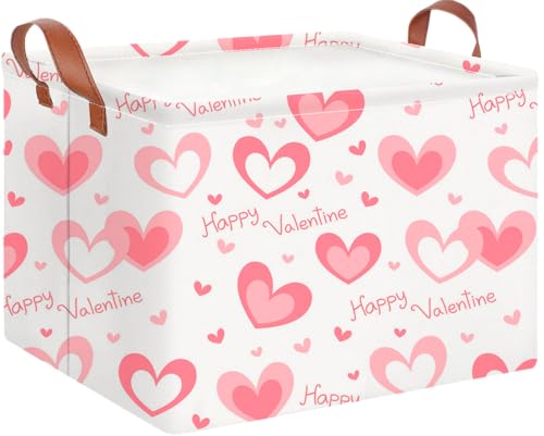 CLOCOR Rectangular Pink Valentines' Gift Basket Collapsible Cute Pattern Storage Bin,Waterproof Books Box with Handles,Storage Basket(Pink Happy Valentine) - color: Pink Happy Valentine