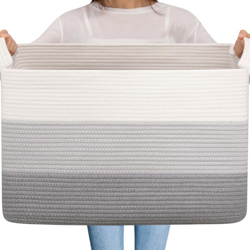 OIAHOMY Extra Large Blanket Basket, 95L Cotton Rope Woven Laundry Basket, Toy Bin for Baby Room, Container for Blanket Storage in Living Room, 24''×17''×14'', Gradient Grey - color: Gradient Grey, size: 95L