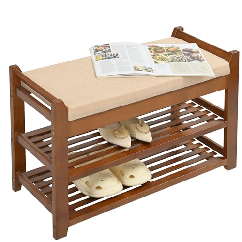 PETKABOO Shoe Rack Bench with Cushion, Shoe Rack for Front Door Entrance, Shoe Bench with Storage for Entryway Hallway Bedroom Living Room - color: Brown, style: 28 in