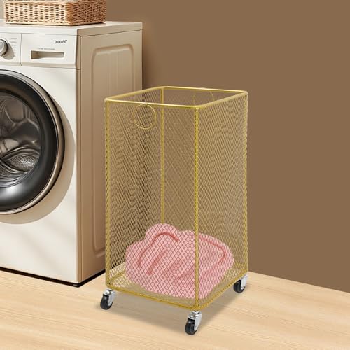 Metal Laundry Storage Cart - Square, Mesh Wire Rolling Laundry Hamper with Wheels & Ring Handles, Clothes or Linen Storage Organizer Hamper Bin Laundry Basket, 12"L x 12"W x 22"H, Gold - color: Gold, size: Square - 12"W