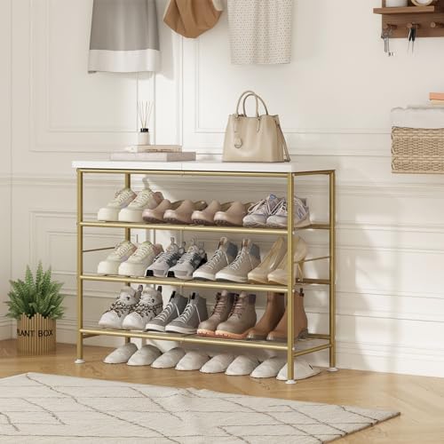 SUOERNUO Shoe Rack Organizer 4 Tier for Closet Entryway Free Standing Metal Storage Shoe Shelf with MDF Top Board，Gold - color: Gold, size: Standard 4 Tier