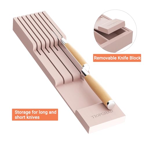 TIOPGHAD Bamboo-Silverware-Drawer-Organizer-Kitchen, Expandable Utensil Holder Cutlery Tray Flatware Organization Adjustable Wood Tableware Dividers Storage (with Removable Knife Block)(Grey Pink) - color: Grey Pink, size: Large