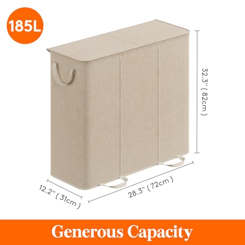 Lifewit Triple Laundry Hamper with Lid and Removable Laundry Bags, Large Collapsible 3 Dividers Dirty Clothes Basket with Handles for Bedroom Laundry Room Closet Bathroom College, 185L Beige - color: Beige, size: 185L