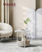 VASAGLE LILEA Collection - Small Round Side End Table, Modern Nightstand with Fabric Basket, Matte White and Camel Brown ULET223W10 - color: Matte White + Camel Brown, size: Round + 1 pack