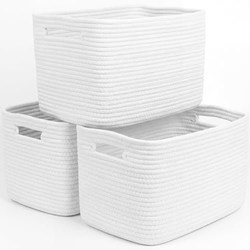 Storage Baskets for Organizing, 14 x 10 x 9” Closet Shelf Woven Baskets, Square Bins with Handles, Cotton Rope Basket for Toys, Clothes, Office, Room, White 3 Pack - color: White, size: 3pcs