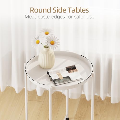 Garden 4 you Small Side Table, White Mini Round End Table, Black Tray Table with Metal Frame, Modern Nightstand for Living Room, Bedroom, Patio, Small Space, 2pcs - color: White, size: 2 PCS