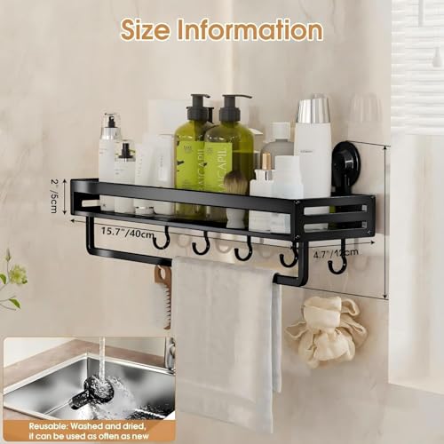 Shower Caddy Suction Cup, 15.7 inch Suction Shower Shelf with Hooks NO-Drilling Bathroom Holder, Rustproof Bathroom Organizer, Black - size: 15.7 inches(US)