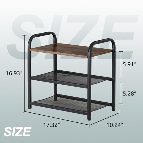 3-Tier Shoe Rack, Heavy-Duty Metal Grid, Rustic Wooden Top & Guardrails - for Entryway, Closet, Bathroom (Holds 6 Pairs, Space-Saving) - size: 17.32" X 10.24" X 16.93"
