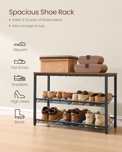 VASAGLE Shoe Rack for Entryway, 3-Tier Shoe Rack Organizer with Storage Shelves and Spacious Top, Freestanding, Adjustable, Industrial, Rustic Brown and Ink Black ULBS043KD01 - color: Rustic Brown + Ink Black, size: 3 Tiers (29.9"W)