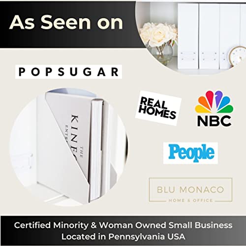 BLU MONACO Set of 6 Foldable White Magazine File Holders | Vertical Desk File Organizer Boxes With Leather Label Holders | Stylish Cardboard Magazine Storage for Shelves, Workspace and Home Office - color: Pure White