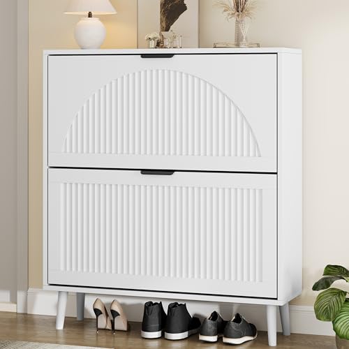 Shoe Storage Cabinet with 2 Flip Drawers, Narrow Wood Shoe Organizer Cabinet with Fluted Panel, Slim Shoe Rack for Entryway, Freestanding Shoe Cabinet for Living Room, Hallway, White - color: White, size: 2-Drawers