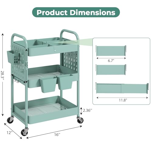 danpinera Rolling Cart, Movable Utility Organizer with Retractable Dividers & Pegboards for Kitchen, Bathroom, Office - color: Green, size: with Dividers