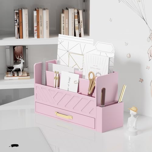 WISUCART Bamboo Desk Organizer Mail Holder Countertop Wood Desk Drawer Tabletop Storage Box Pen Holder Letter Sorter Makeup Organizer for School Home Office Supplies with Pen Holder Pink - color: Pink with Pen Holder