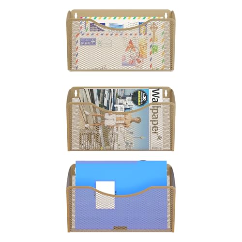 EasyPAG 3 Pack Wall File Organizer, Metal Mesh Hanging File Folder Holder for Letter/A4 Size Folders, Vertical Wall Mount Mail Sorter for Office Paperwork, Classroom, Gold - color: Gold