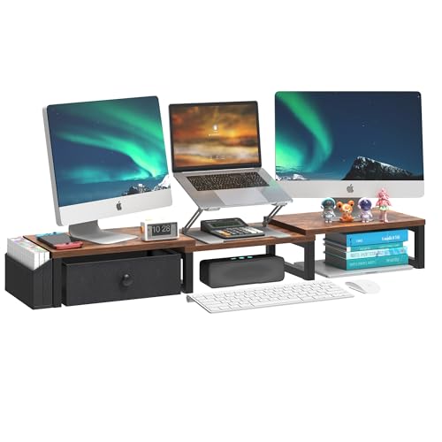 LAND·VOI Heavy Duty Dual Monitor Stand, Holds 2 Screens Up to 27 Inches, Adjustable Length and Angle Monitor Riser, Desk Organizer with Side Pockets and Drawers, Home Office Desk Storage, Rustic Brown - color: Rustic Brown, size: Separate-Type