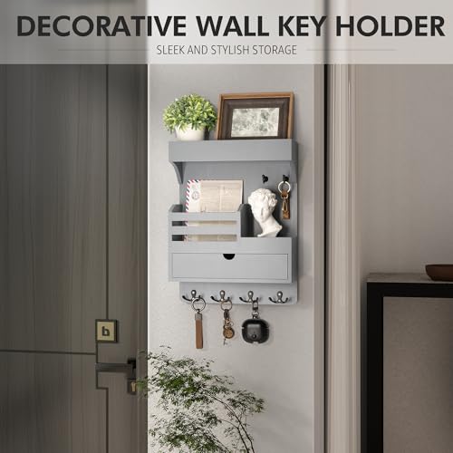 Rebee Vision Wooden Key Holder Wall Mount with Drawer Organizer – Modern Mail and Key Organizer for Wall Featuring 6 Robust Hooks & a Floating Shelf – Trendy Home Decor Solution (Gray) - color: Gray, style: Large Drawer