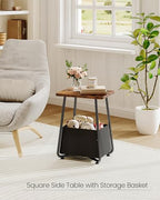 CHOEZON Small Nursery Side Table with Removable Fabric Basket, Compact End Table for Small Spaces, Space-Saving Nightstand for Bedroom Living Room, Rustic Brown TBZ13BF - color: Rustic Brown + Black