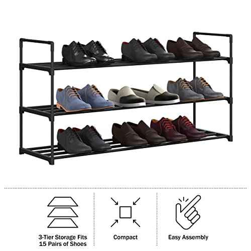 Home-Complete Shoe Rack - 3-Tier Shoe Organizer for Closet, Bathroom, Entryway - Shelf Holds 15 Pairs Sneakers, Heels, Boots (Black) - color: Black, size: 3-Tier