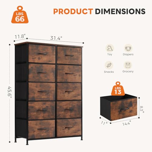 Sweetcrispy 10 Drawer Dresser, Tall Fabric Dresser for Bedroom, Storage Tower with Bins Chest Organizer Unit for Closet, Hallway, Steel Frame Wood Top, Easy Pull Handle, Rustic Brown - color: Brown