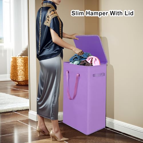 Odonata 75L Slim Laundry Hamper with Lid,Large Foldable Laundry Basket with Removable Bag and Handles Tall Collapsible Dirty Clothes Basket Great for Bedroom, Bathroom, Dorm, College,RV.(Purple, 75L) - color: Purple