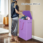 Odonata 75L Slim Laundry Hamper with Lid,Large Foldable Laundry Basket with Removable Bag and Handles Tall Collapsible Dirty Clothes Basket Great for Bedroom, Bathroom, Dorm, College,RV.(Purple, 75L) - color: Purple