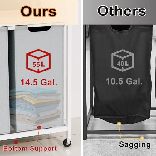 Timberer Laundry Hamper, Laundry Sorter 2 Section, Rolling Laundry Basket with Wheels, 2 Shelves, 2 × 14.5 Gal, Pull-Out and Removable Oxford Fabric Bags, for Laundry Room, White and Grey - color: White + Grey, size: 2 Bags (27.5"L x 12.9"W x 40.7"H)