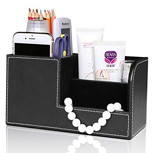 KINGFOM Desk Organizer Office Supplies Caddy Pu Leather Multi-function Storage Box Pen/Pencil,Cell phone, Business Name Cards Remote Control Holder Black - color: S-black
