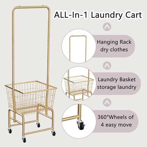 Rolling Laundry Cart with Wheels, Laundry Hamper Basket Organizer with Clothes Hanging Rack, Wire Storage Cloth Shelf Butler, Golden - color: Golden