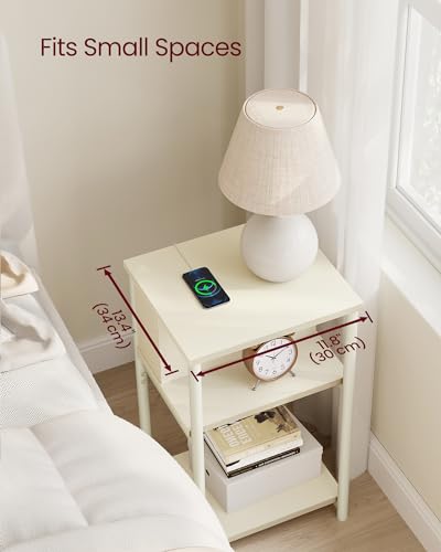VASAGLE Side Table with Charging Station, 3-Tier End Table with USB Ports and Outlets, Nightstand for Living Room, Bedroom, 11.8 x 13.4 x 22.8 Inches, Plug-in Series, Cream White - color: Cream White