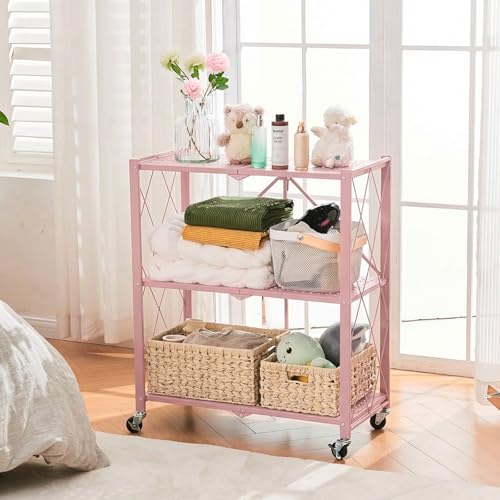 BRIAN & DANY 3-Tier Foldable Storage Shelves with Wheels, No Assembly Folding Shelf Metal Rack, Shelving Unit for Kitchen, Garage, Pink - color: Pink, size: 3-tier