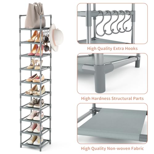 LANTEFUL Narrow Shoe Rack 10-Tier Tall Shoe Organizer Skinny Shoe Shelf Storage for 10-15 Pairs Shoe and Boot, Space Saving Corner Shoe Rack Organizer for Closet, Entryway, Living Room, Grey - color: Grey, size: 10 tiers
