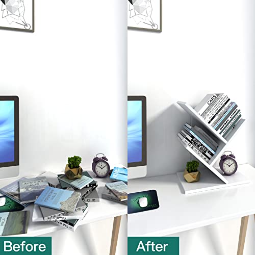 Godferyxin Tree Bookshelf, 3-Tier Small Bookcase for Desk – Wood Small Bookshelf with Storage Shelves, Mini Bookcase for Bedroom, Office, White Bookshelf, CDs, Magazines Desktop Book Tree - color: 3-tier-white