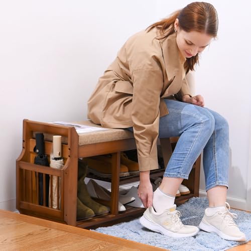 PETKABOO Shoe Bench with Hidden Drawer and Side Holder, 2 Tier Entryway Bench with Storage 39.4 in, Bamboo Shoe Rack with Cushion for Entryway Hallway Living Room Bedroom - size: 39.4 in